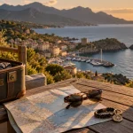 Village vacances corse du nord, vue mer et village côtier au coucher du soleil