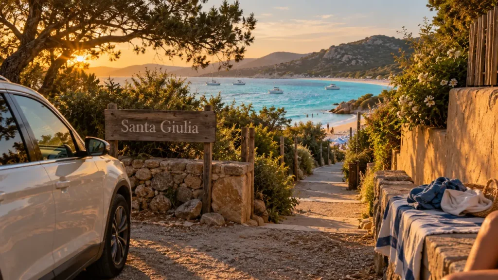 Village vacances santa giulia corse : chemin à pied depuis le parking vers la plage turquoise