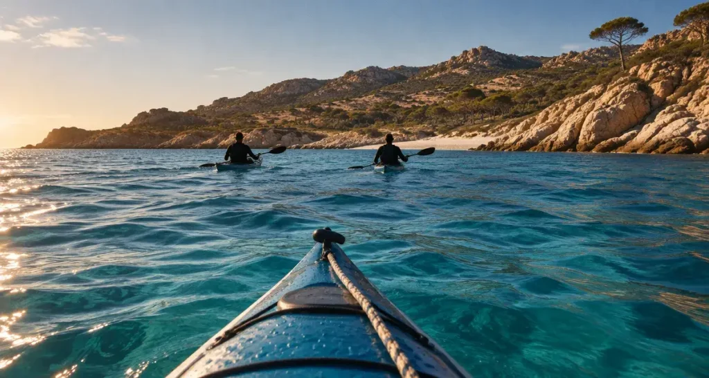 Agriate kayak vers Saleccia, eau turquoise et côte corse.
