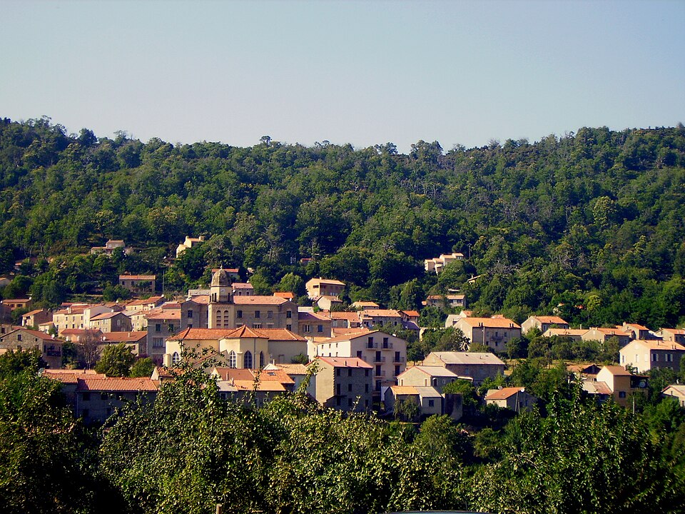 Le village de Bastelica dans son environnement boisé