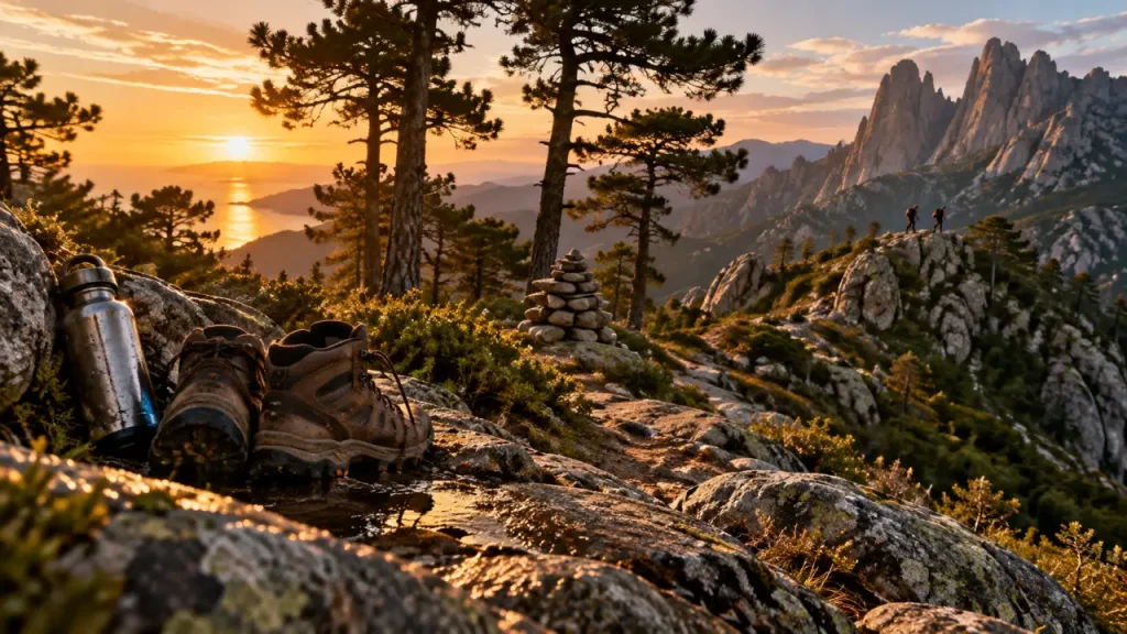 Bavella corse randonnée : chaussures sur sentier vers les aiguilles