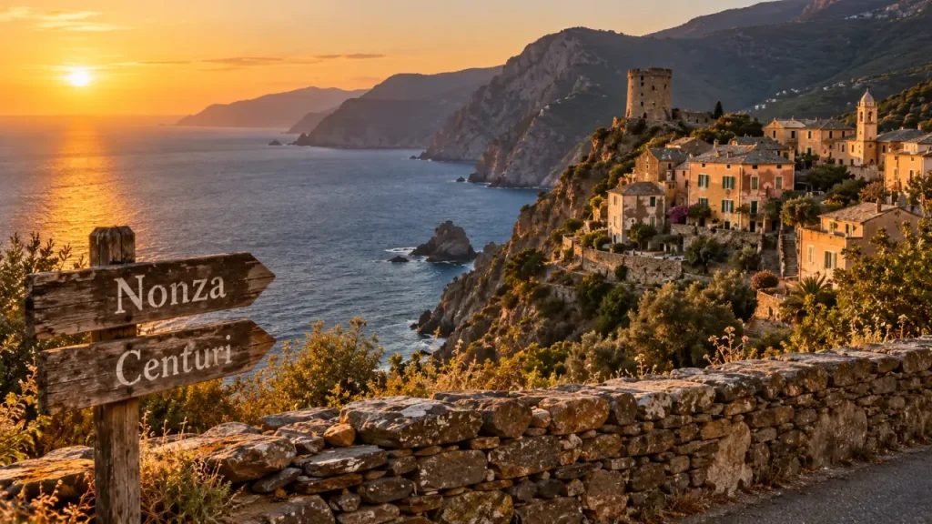 Cap Corse village a visiter : Nonza et Centuri, vue mer et tour génoise au coucher du soleil