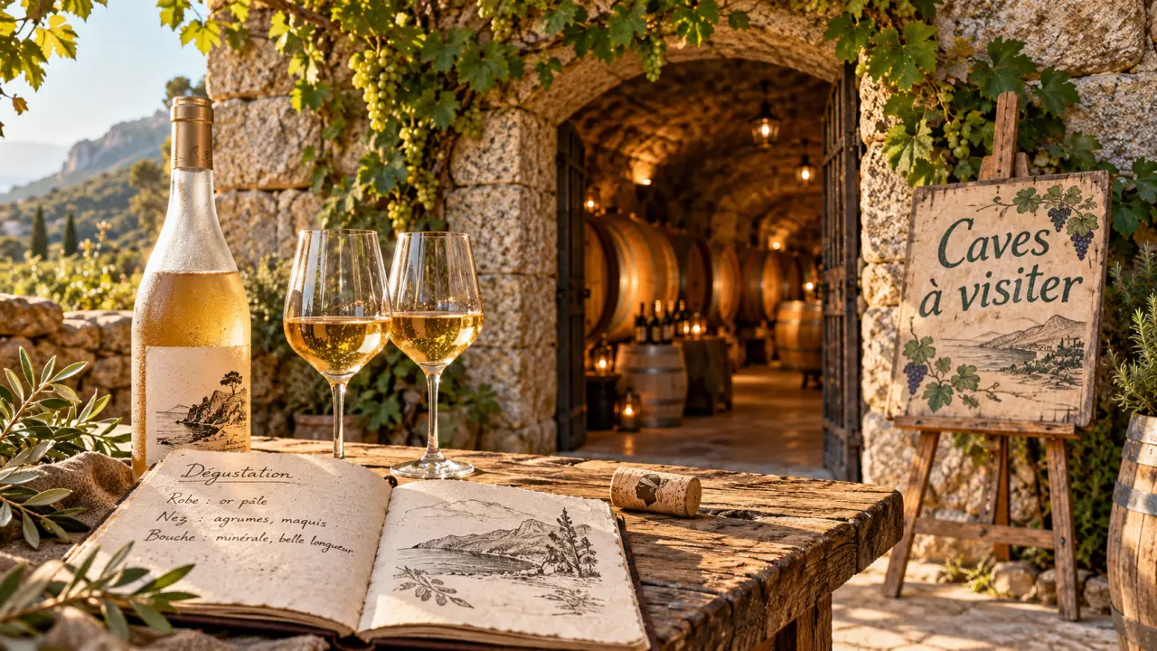 Caves à visiter corse : entrée de cave vin, portail en pierre et vignes