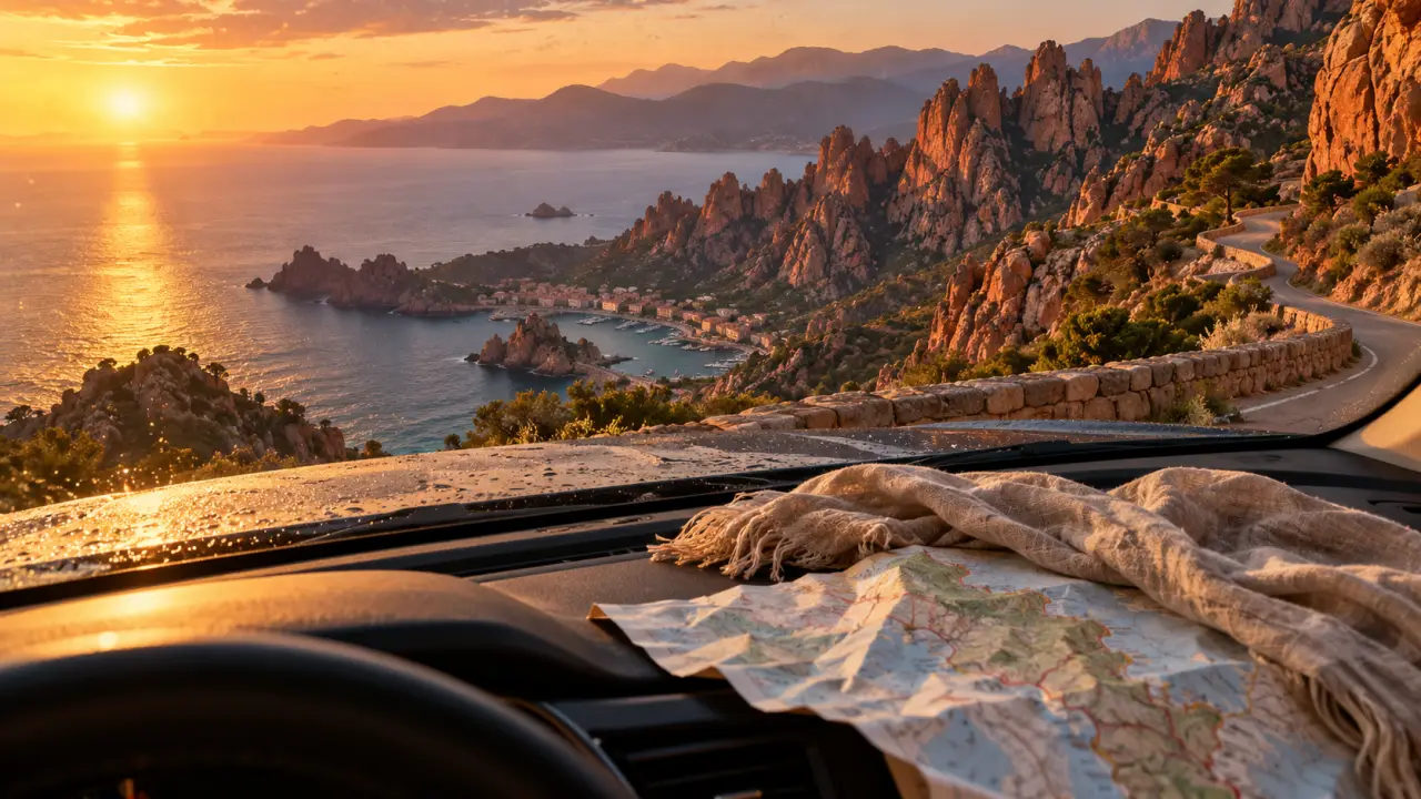 Chose a visiter en corse : calanques de Piana, route et falaises rouges au coucher du soleil