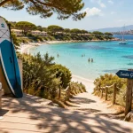 Club vacances Santa Giulia Corse, plage turquoise et chemin ombragé