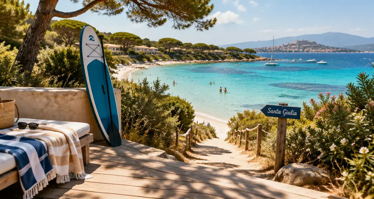 Club vacances Santa Giulia Corse, plage turquoise et chemin ombragé