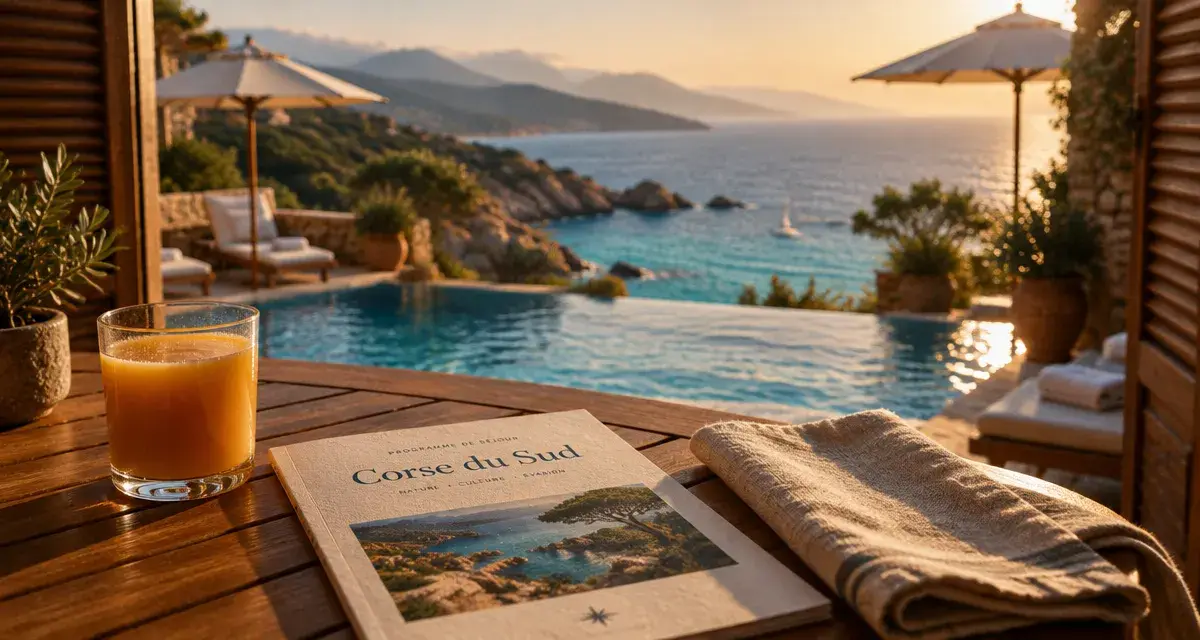 Club vacances tout inclus corse du sud : terrasse hôtel, piscine et mer turquoise