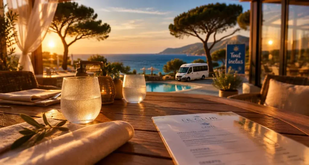 Club vacances tout inclus haut de corse, terrasse, mer azur et navette près du panneau tout inclus