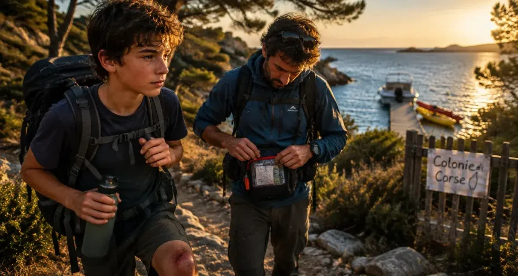 Colonie de vacances corse ado : ado sur sentier avec moniteur, mer et montagne en arrière-plan