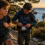Colonie de vacances corse ado : ado sur sentier avec moniteur, mer et montagne en arrière-plan