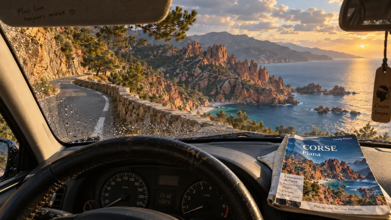 Comment visiter la Corse : route vers Piana, calanques et falaises ocre depuis la voiture, mer turquoise