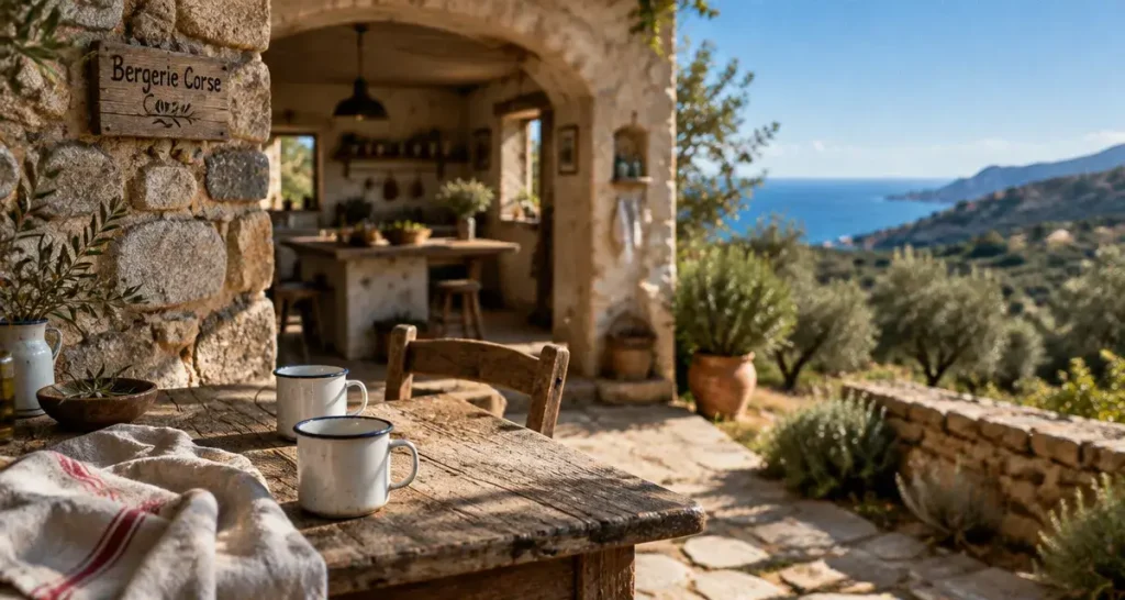 Corse bergerie avec vue mer et maquis, terrasse en pierre