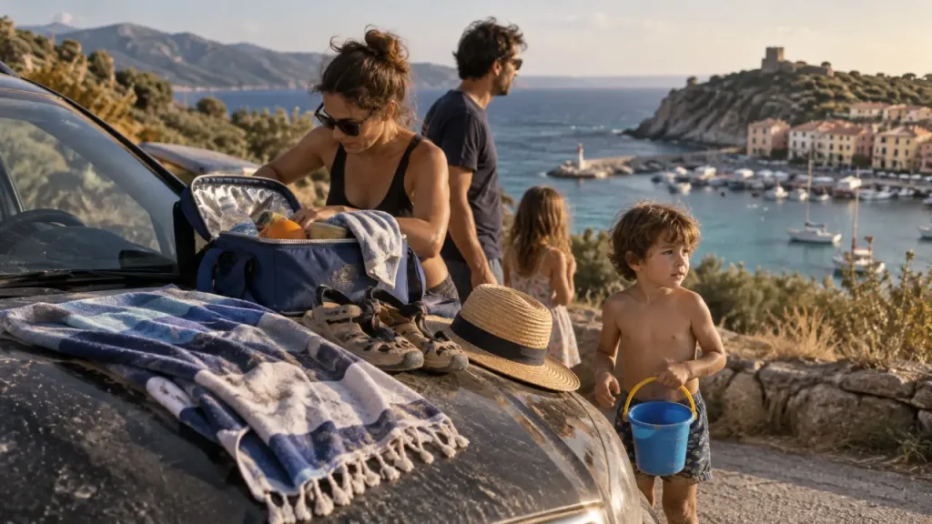 Corse du nord que faire en famille : arrêt sur route côtière, port et mer turquoise