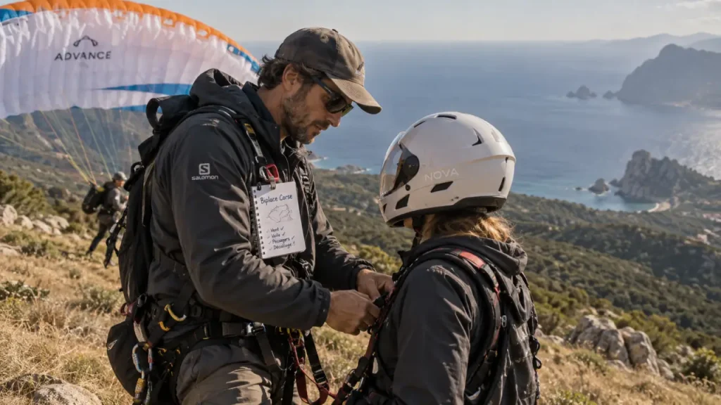 Corse parapente : moniteur ajuste un harnais pour un baptême biplace