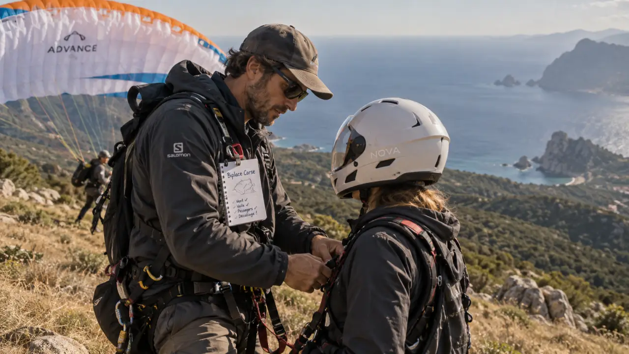 Corse parapente : moniteur ajuste un harnais pour un baptême biplace