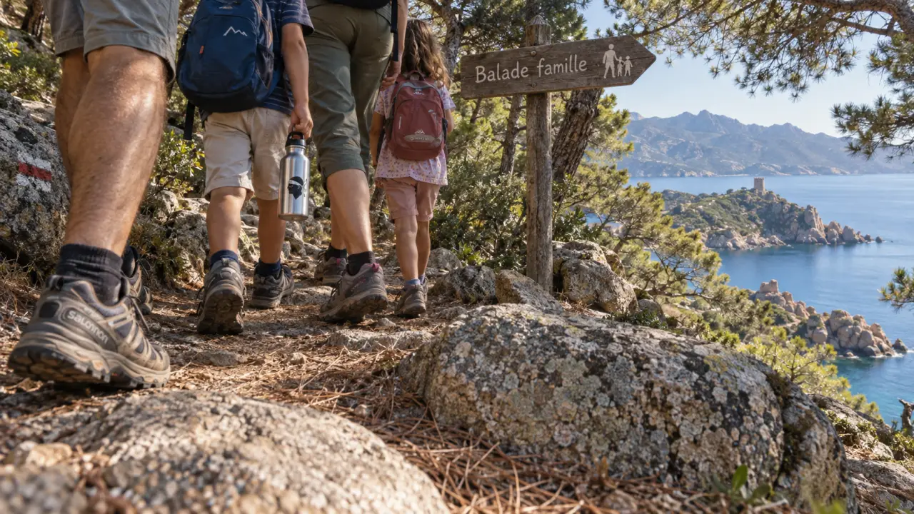 Corse randonnée famille : sentier ombragé au bord de mer