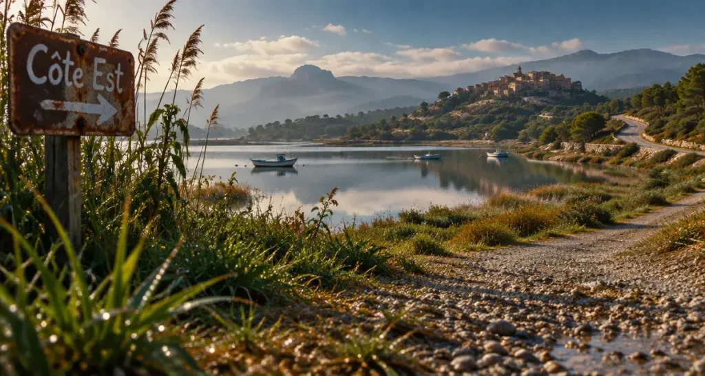 Côte est corse que faire : étang de Diane et village perché au loin