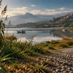 Côte est corse que faire : étang de Diane et village perché au loin