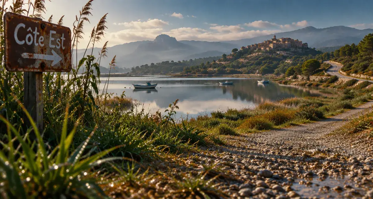 Côte est corse que faire : étang de Diane et village perché au loin
