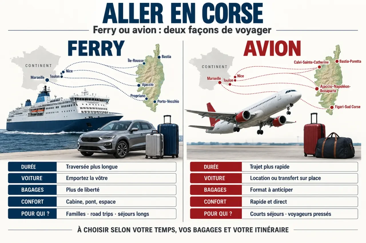 Infographie pour aller en Corse en ferry ou en avion