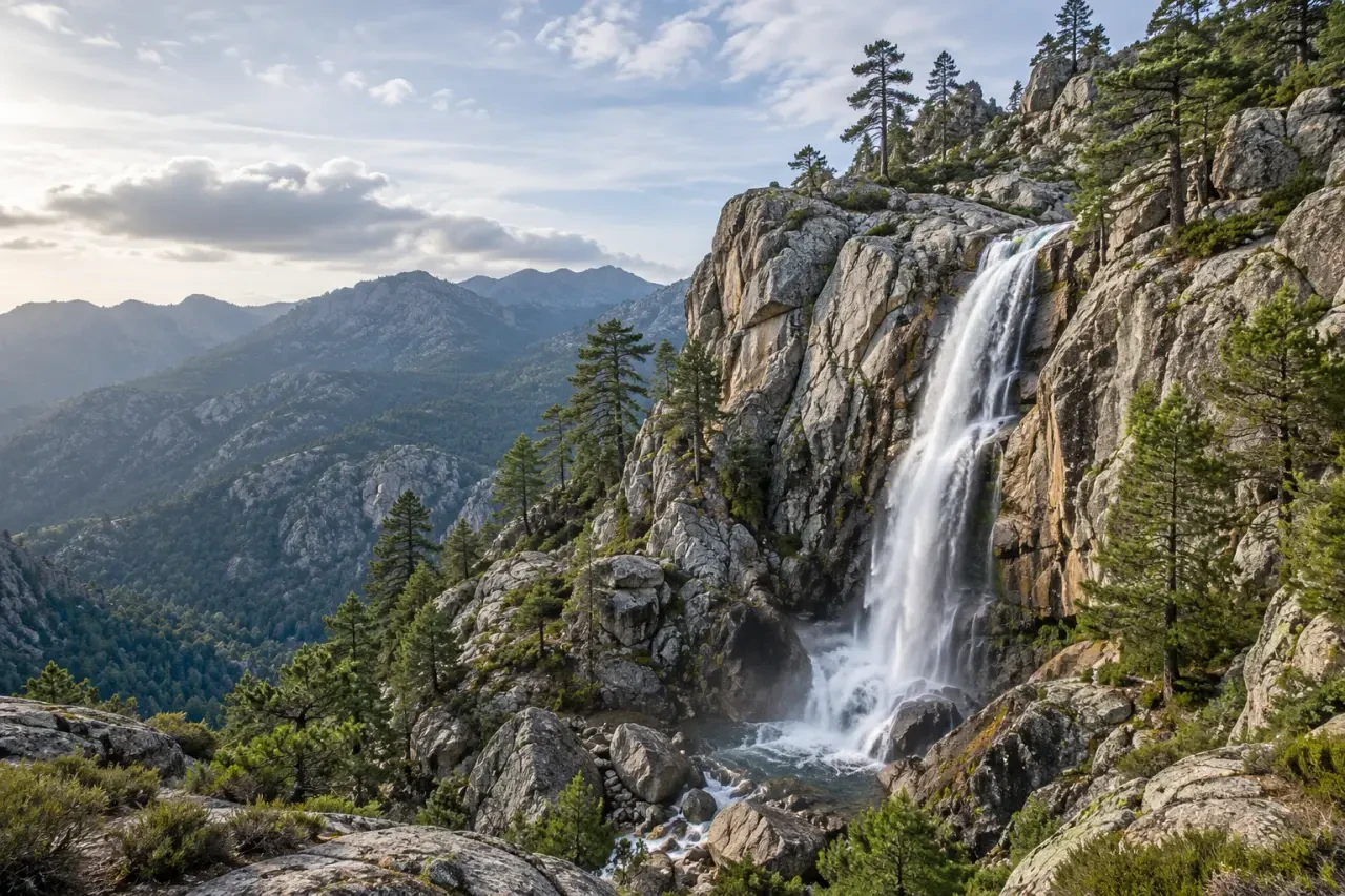 Cascade de Piscia di Gallo dans la forêt et les reliefs granitiques de l’Ospédale en Corse