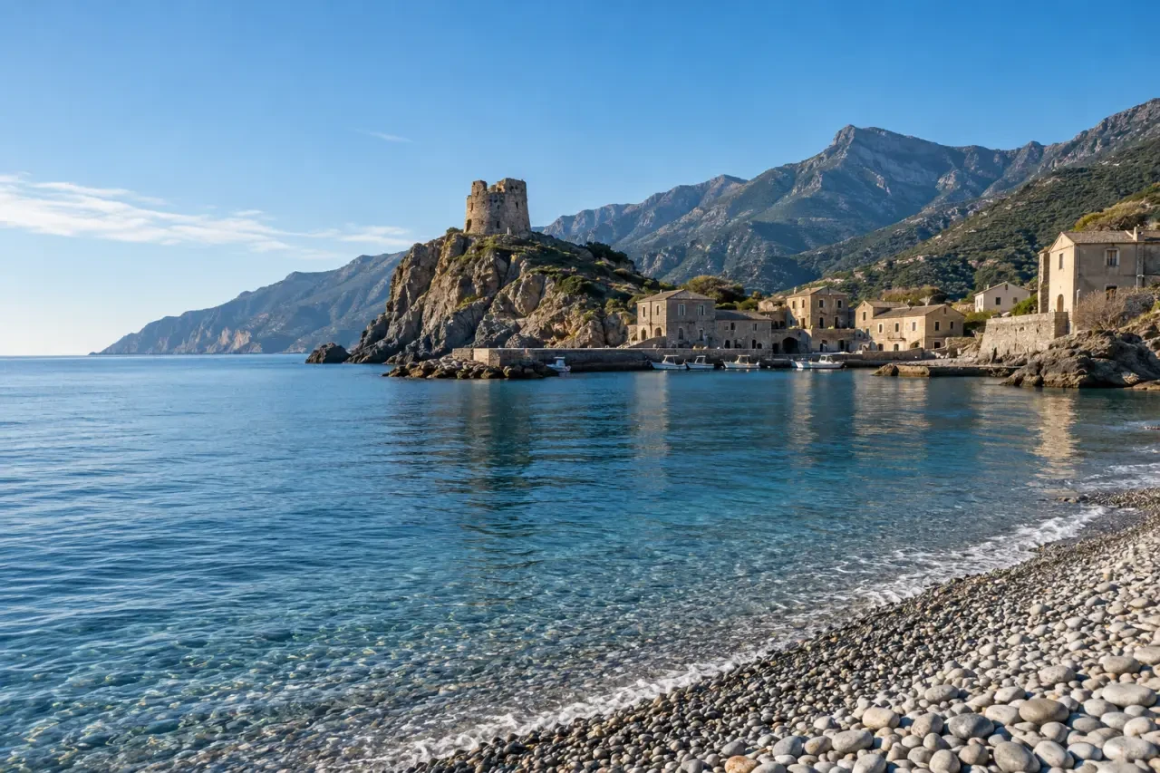 Marine de Giottani avec plage de graviers, petit port et vestiges de la tour en Corse