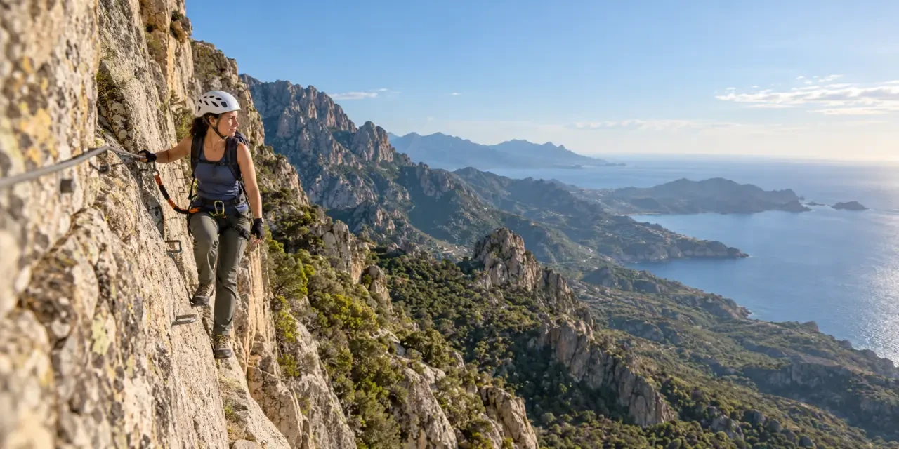 Pratiquant sur une via ferrata en Corse avec panorama montagneux et méditerranéen