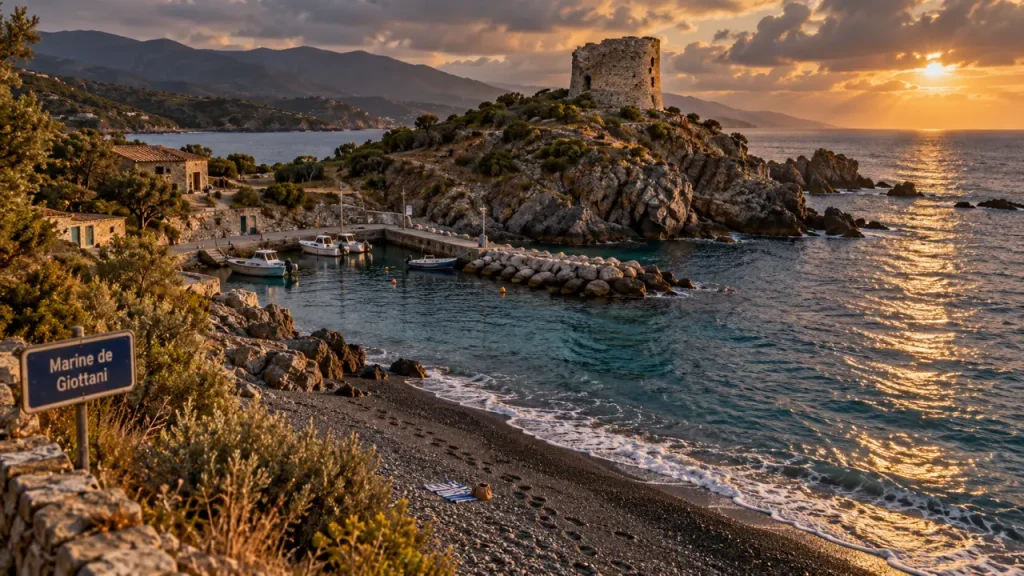 Plage de graviers Giottani, petit port et tour au Cap Corse