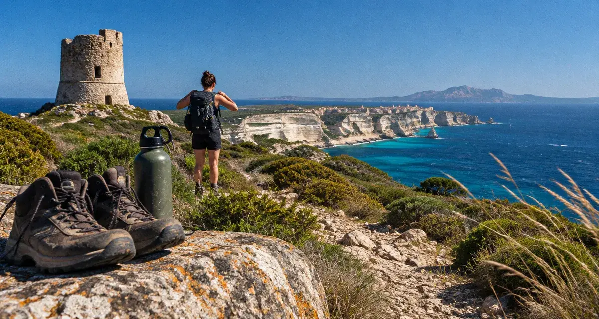 Guide randonnée corse du sud : chaussures et gourde sur un rocher, sentier littoral et mer turquoise