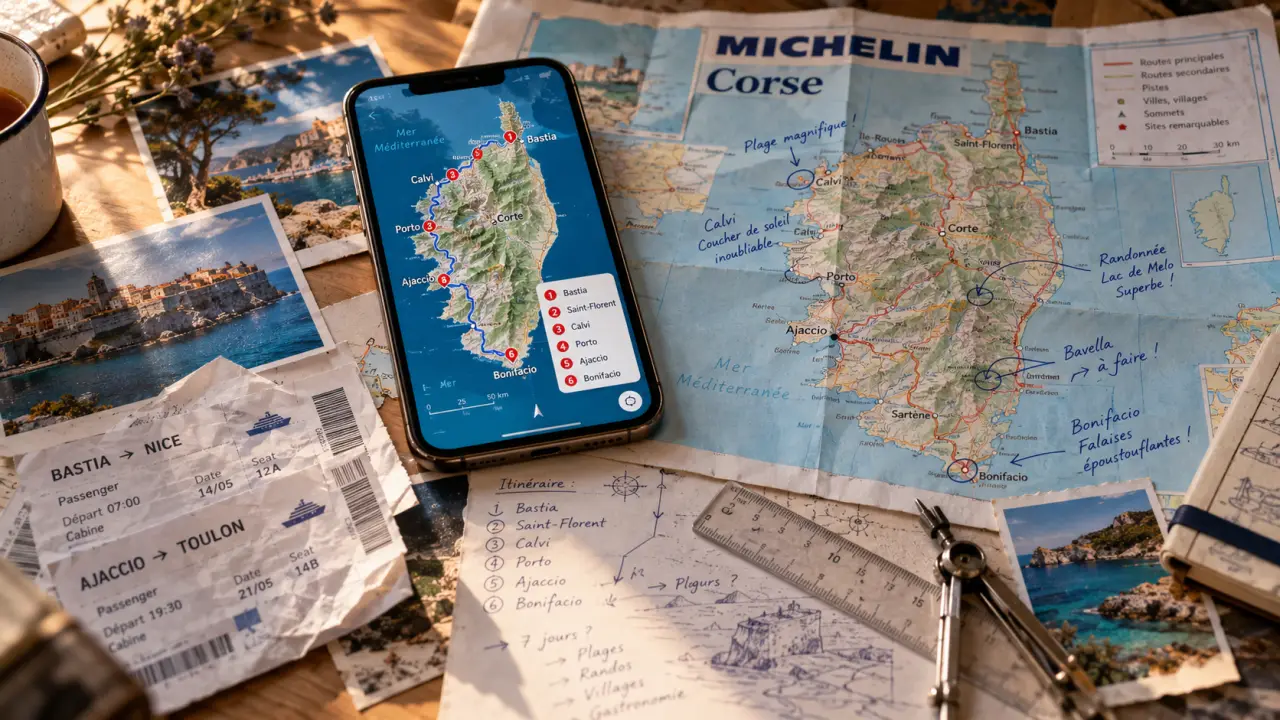 Itinéraire Michelin Corse : carte routière sur smartphone et plan Michelin papier