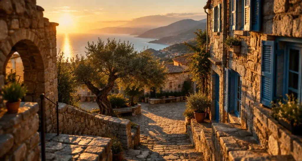Les plus beaux villages corses : ruelle en granit de Sant’Antonino vers la Méditerranée