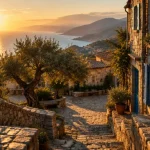Les plus beaux villages corses : ruelle en granit de Sant’Antonino vers la Méditerranée