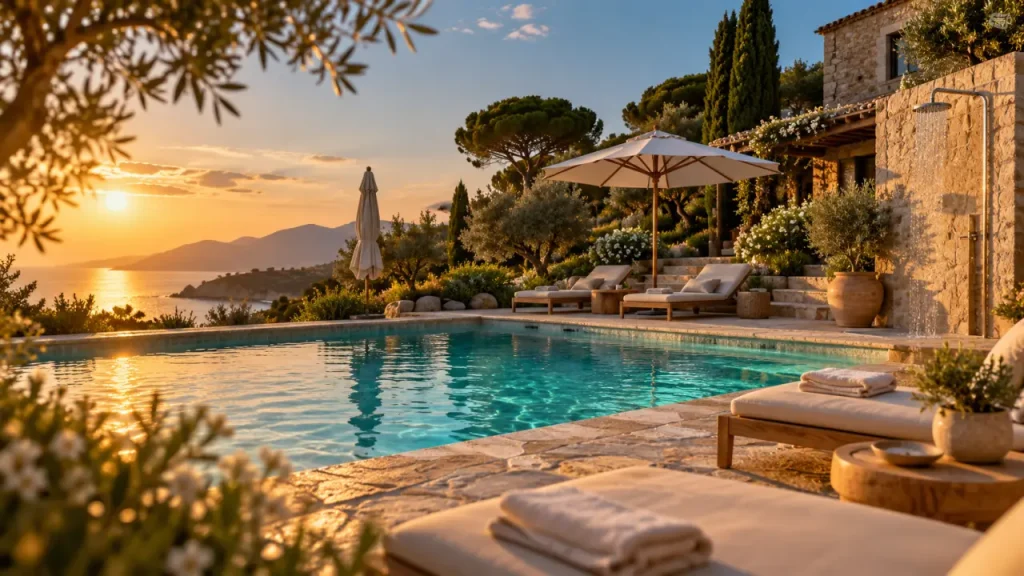 Location vacances corse avec piscine privée : terrasse et piscine turquoise