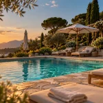 Location vacances corse avec piscine privée : terrasse et piscine turquoise