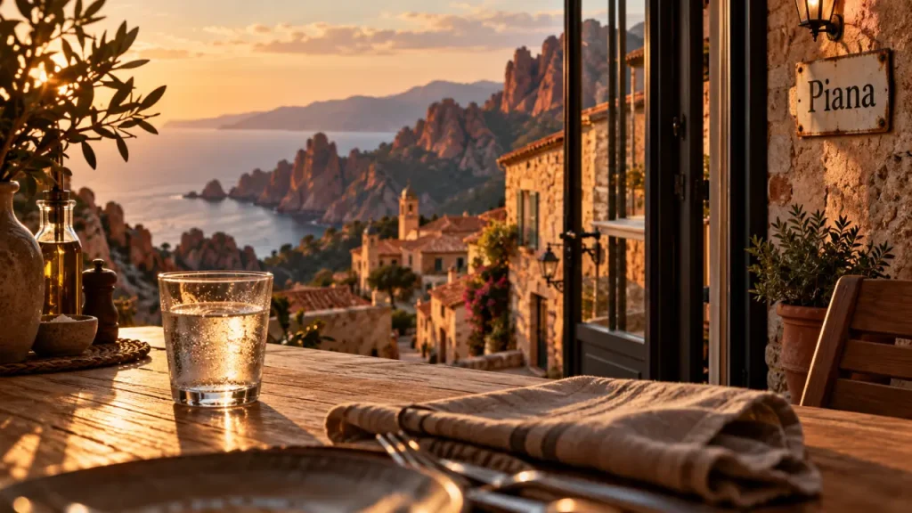 Location vacances Piana Corse : terrasse avec vue sur les falaises rouges