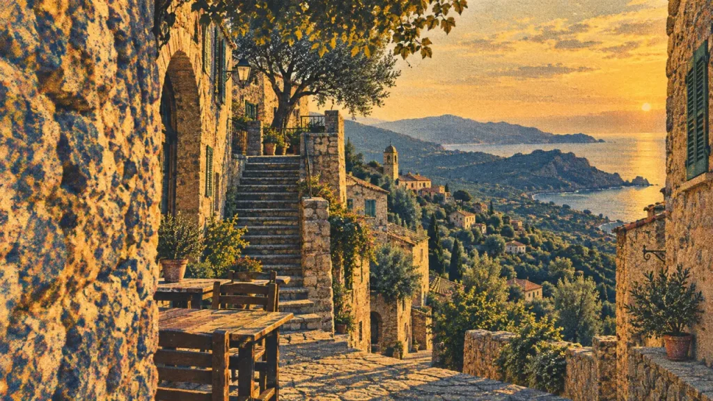 Petit village corse a visiter : ruelles en pente de Balagne vers belvédère