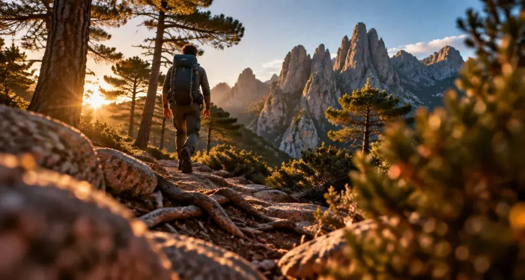 Plus belle randonnée corse du sud : Bavella, randonneur au lever du soleil