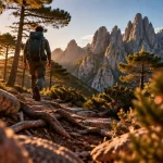 Plus belle randonnée corse du sud : Bavella, randonneur au lever du soleil