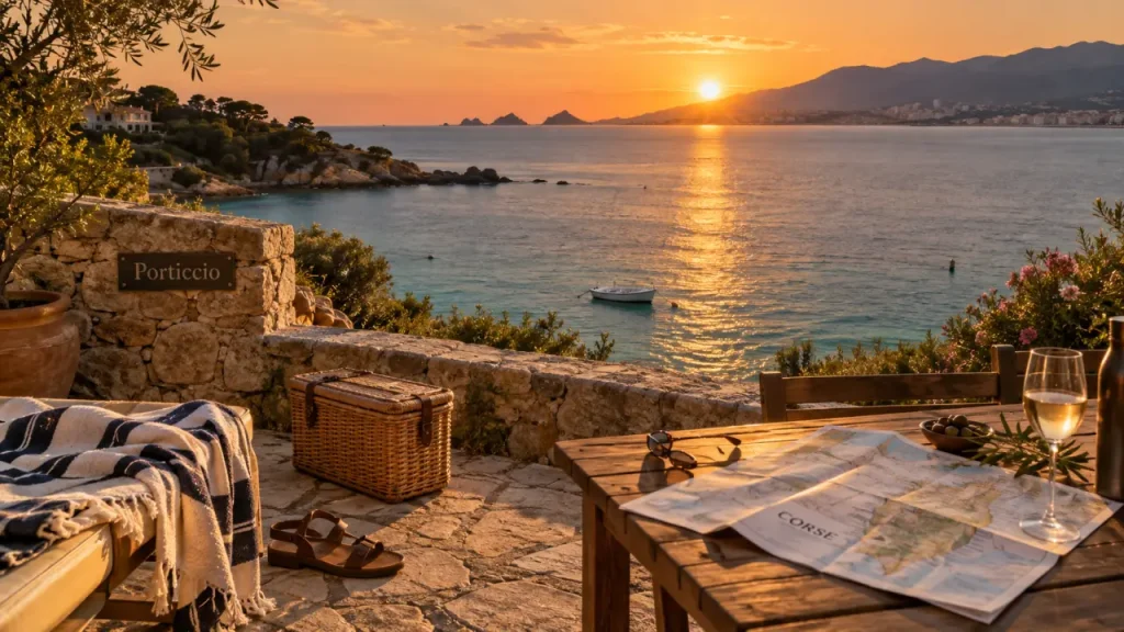 Porticcio Corse que faire : terrasse vue baie à Ajaccio, mer turquoise