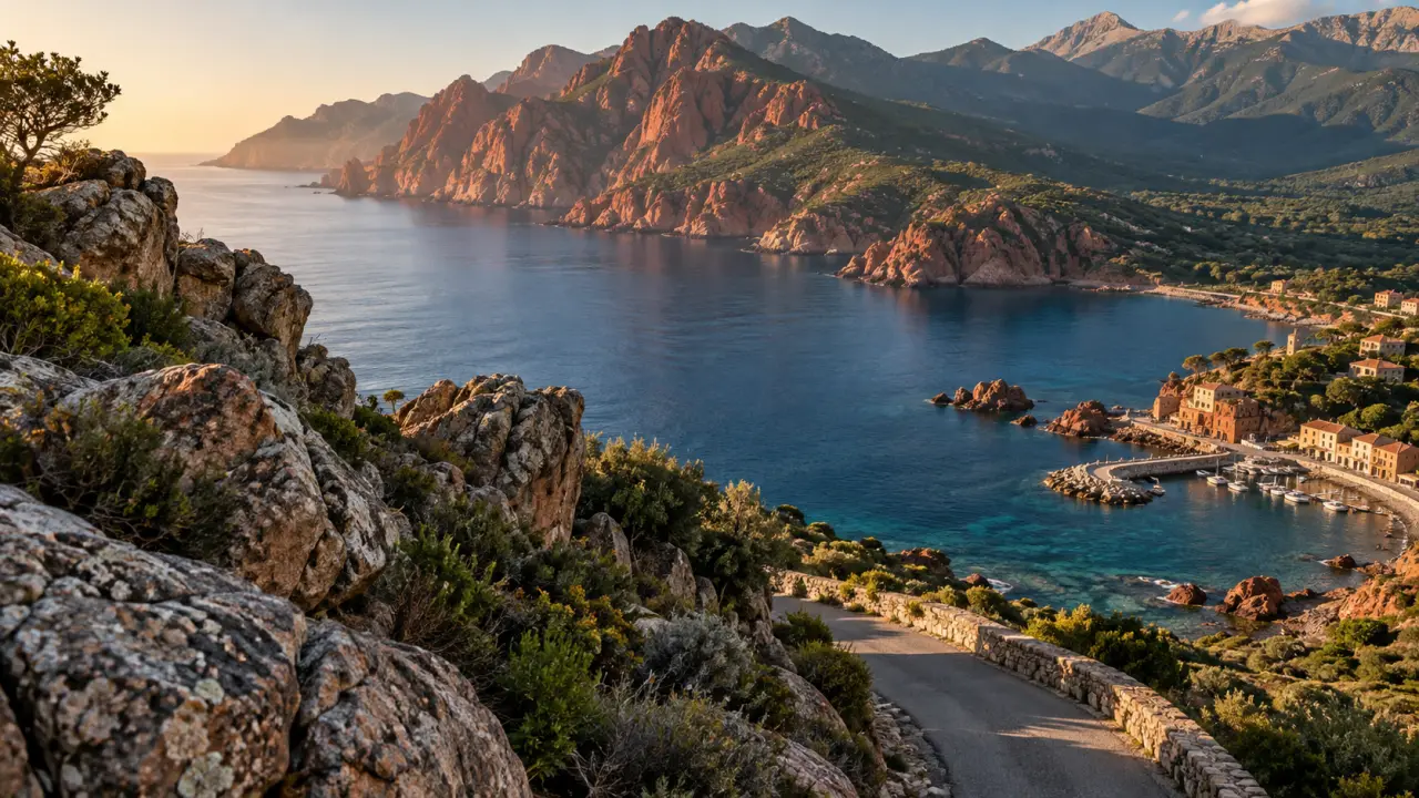 Que faire à Galeria Corse : route vers la mer et rochers au matin