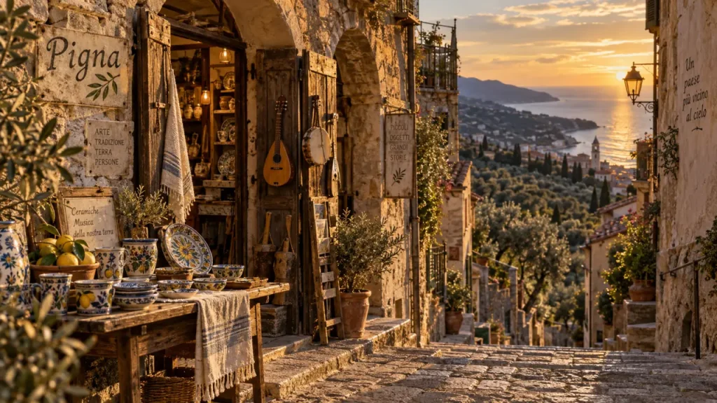 Que faire à Pigna corse : ruelle pavée, artisan et coucher de soleil