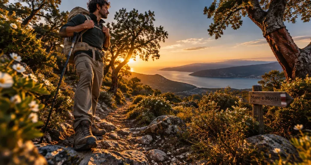 Randonnée mare e monti corse : sentier maquis au golden hour