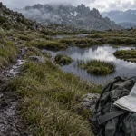 Randonnée pozzi corse : sentier boueux près des pozzines en Corse