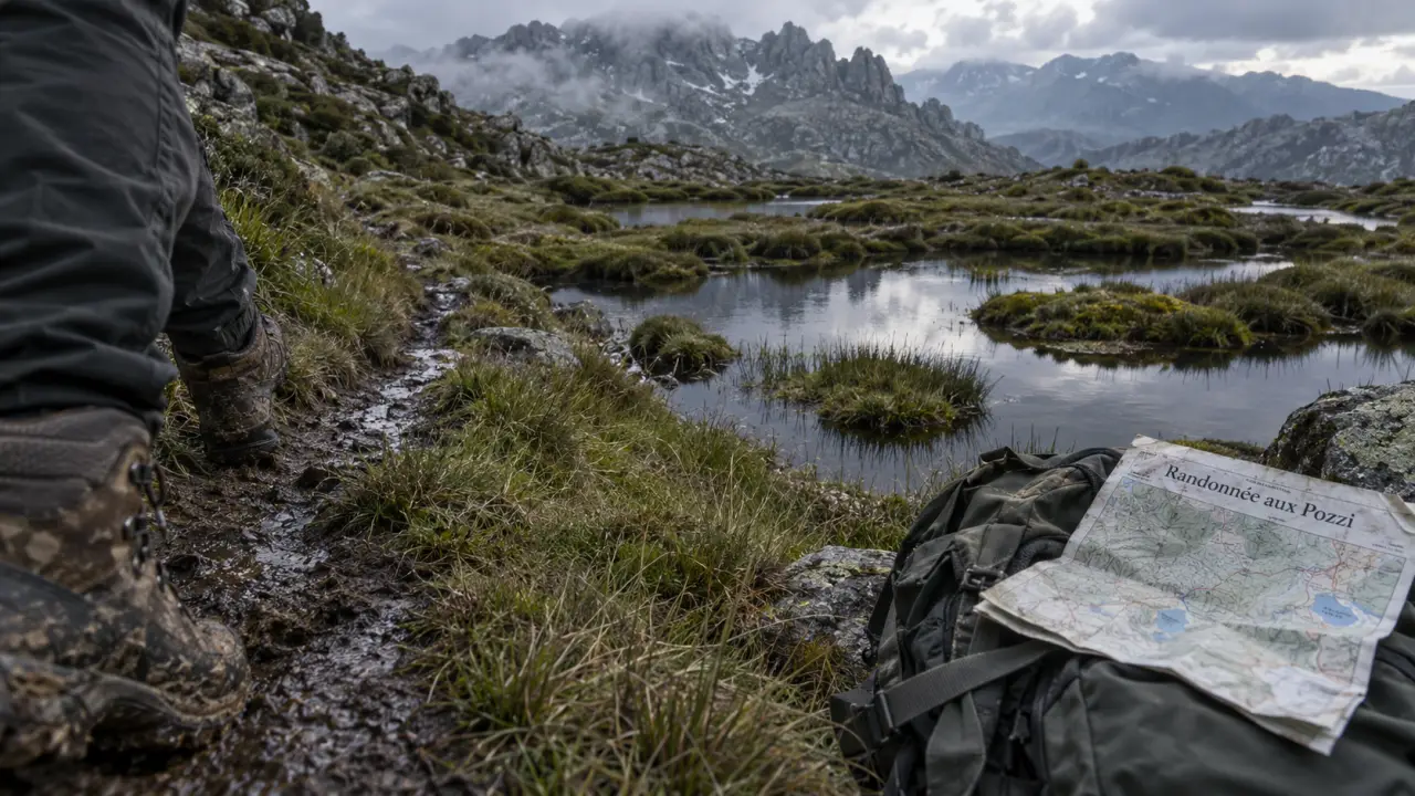Randonnée pozzi corse : sentier boueux près des pozzines en Corse