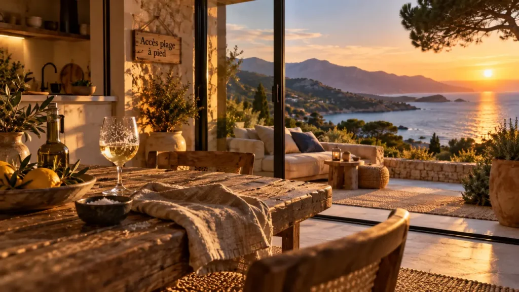 Résidence vacances Corse du Nord : terrasse avec vue mer et accès plage à pied