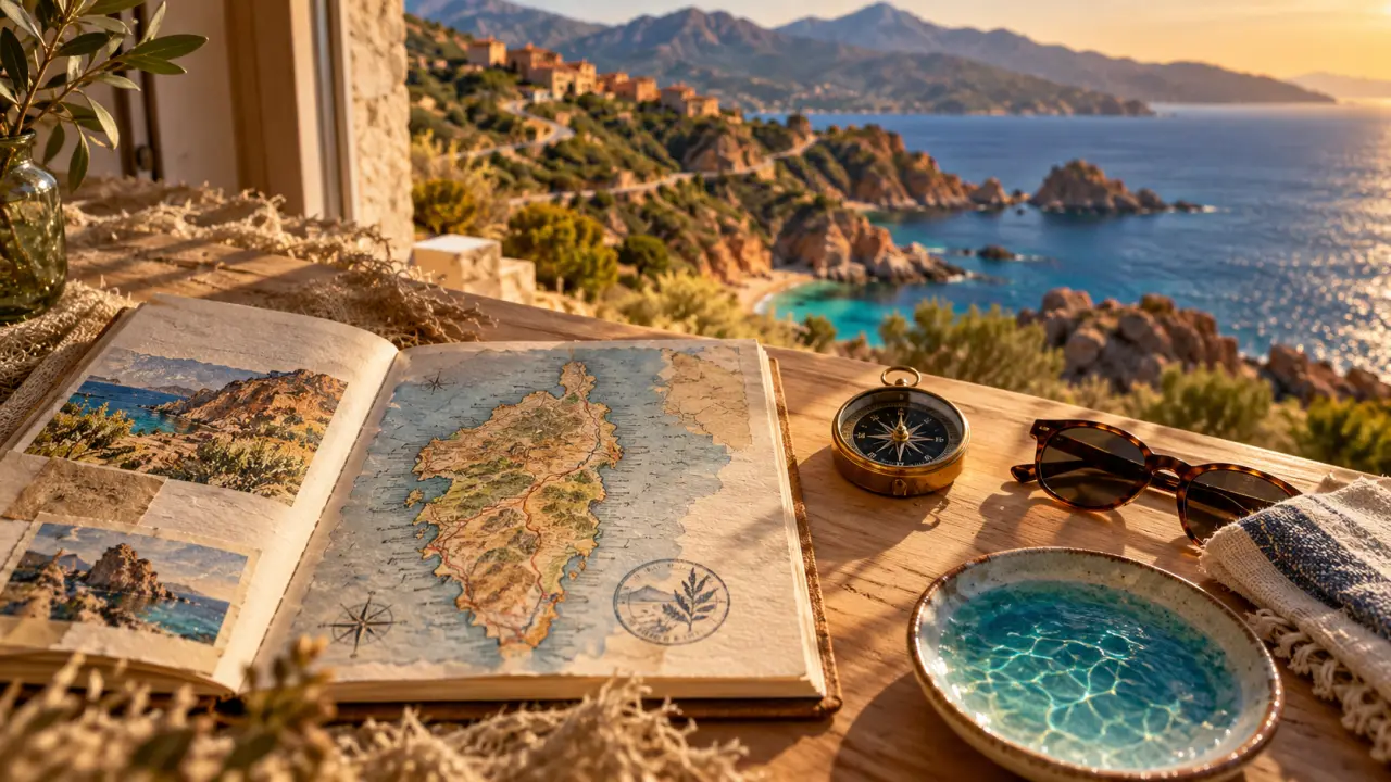 Vacances corse septembre 2025 : carte Corse, boussole et mer turquoise en Balagne
