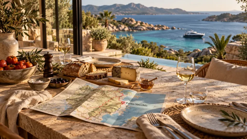 Vacances haut de gamme corse du sud : table en villa avec vue mer turquoise