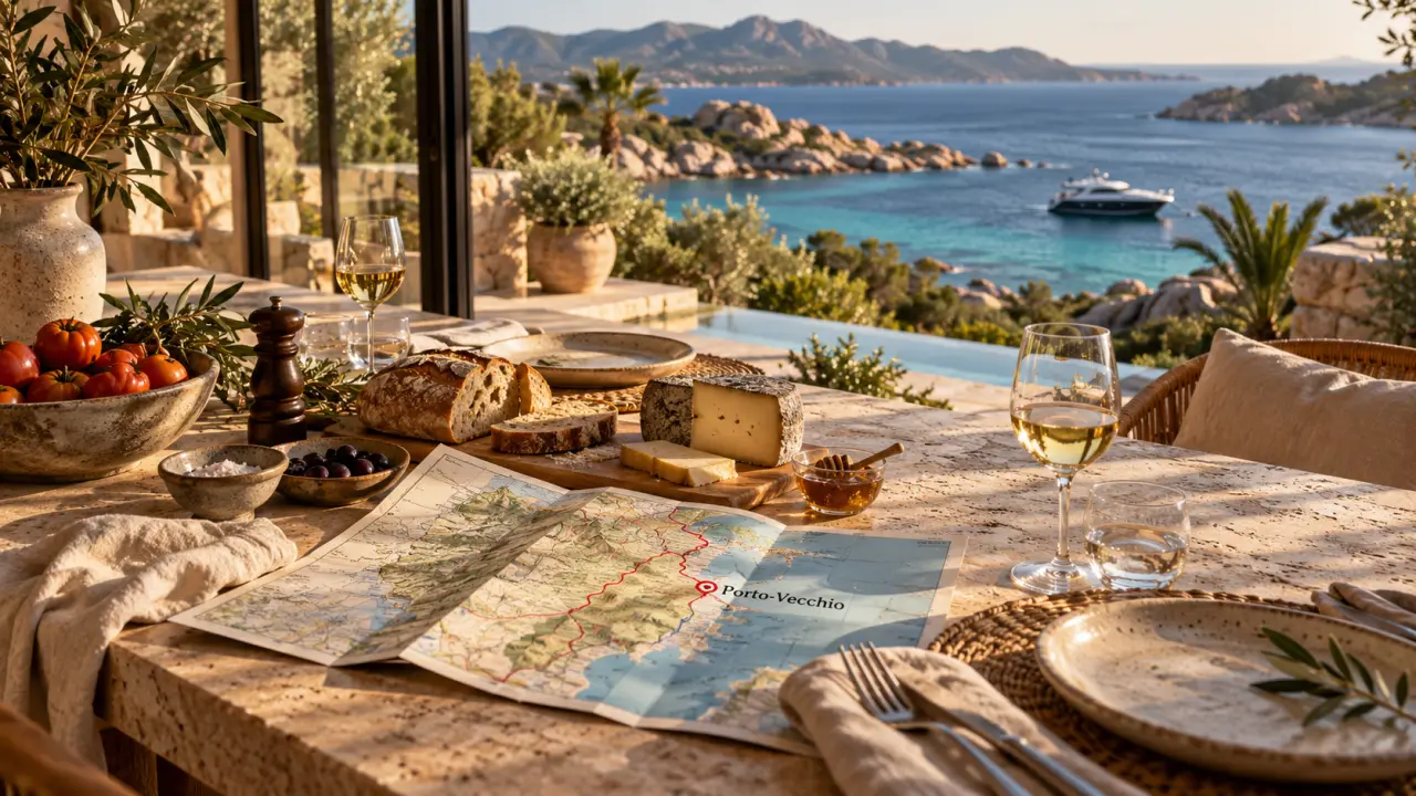 Vacances haut de gamme corse du sud : table en villa avec vue mer turquoise