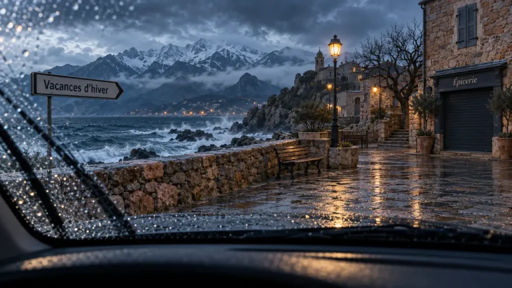 Vacances hiver corse : route côtière, village calme et mer agitée