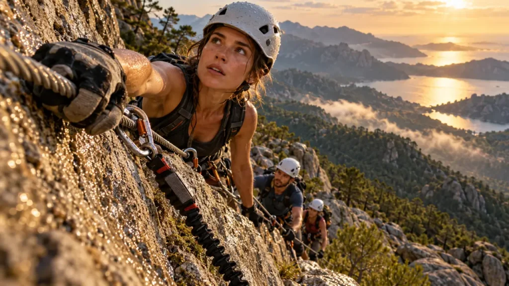 Via ferrata corsica en Corse : main gantée sur câble, rocher granit, casque et baudrier